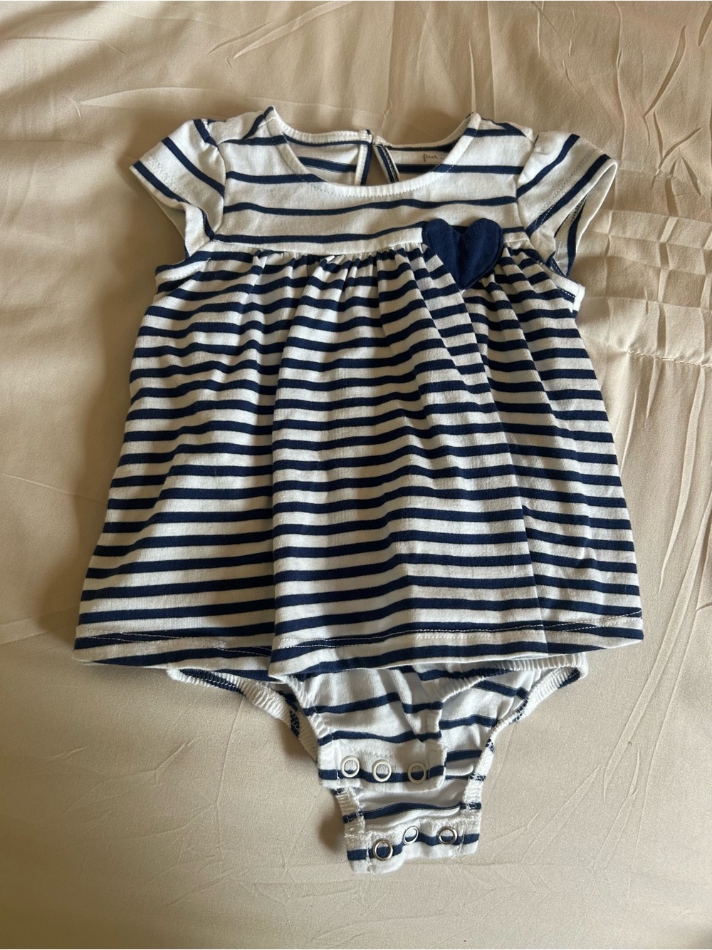 First Impressions - Navy & White Striped Baby Dress Onesie with Heart Accent